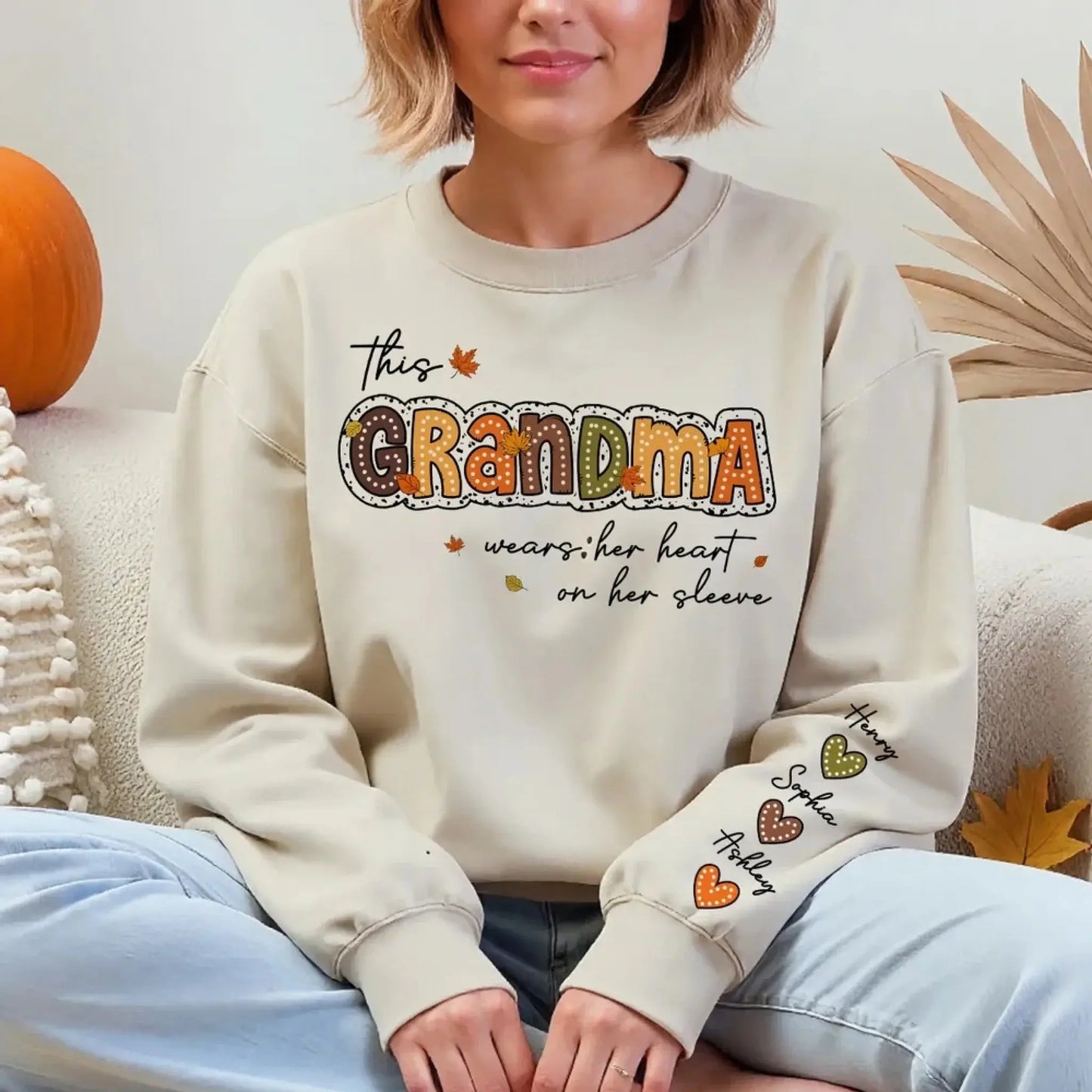 This Grandma Wears Her Heart on Her Sleeve – Personalized Sleeve Print Sweatshirt – Fall Season Gift for Grandma/Mama Ezcustomize
