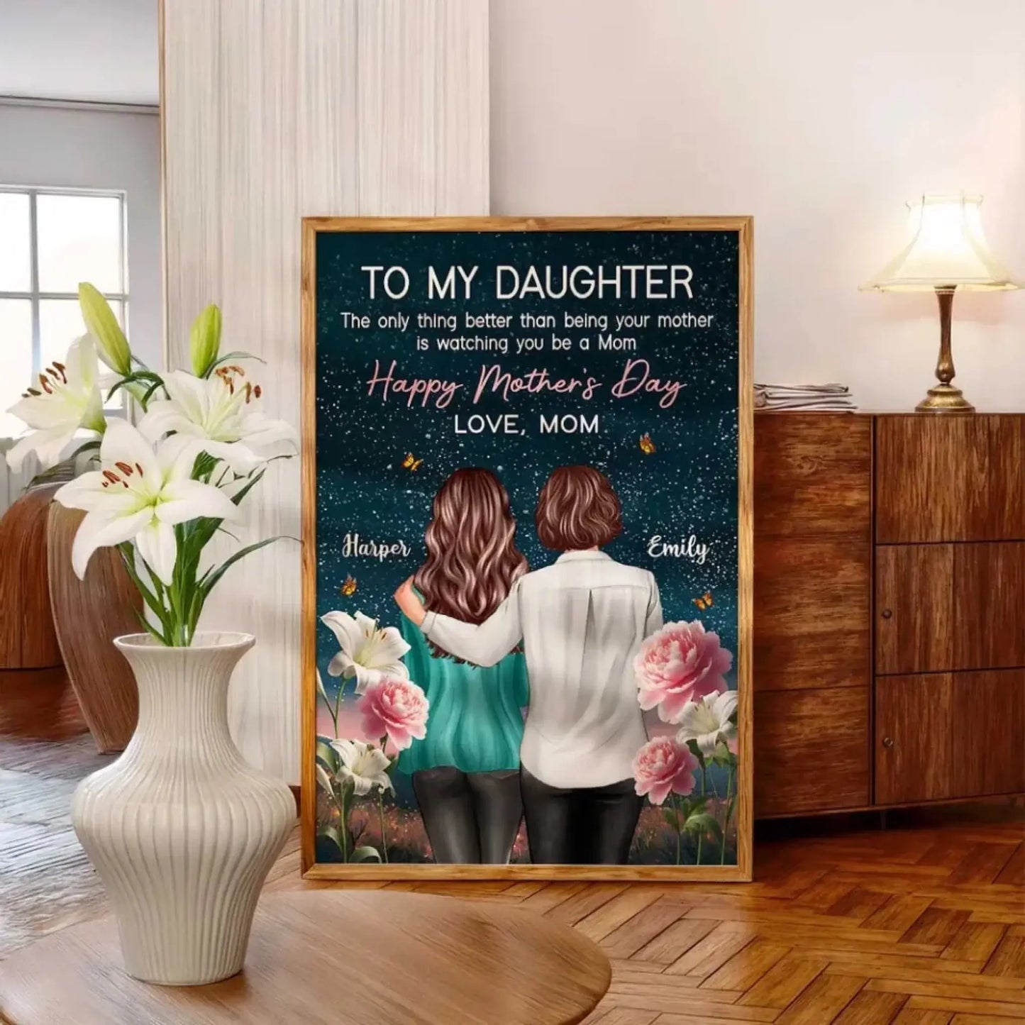 To My Daughter Birth Flower Art – Personalized Poster/Canvas with Night Hill Scene – Mother’s Day Gift from Mom Ezcustomize