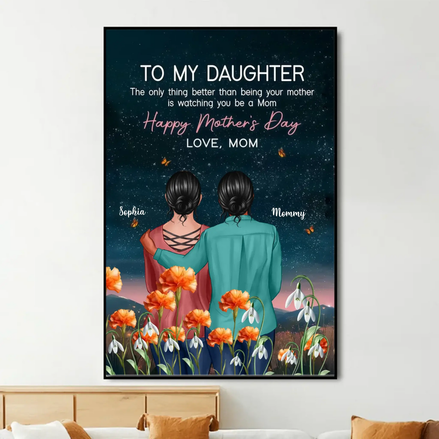 To My Daughter Birth Flower Art – Personalized Poster/Canvas with Night Hill Scene – Mother’s Day Gift from Mom Ezcustomize