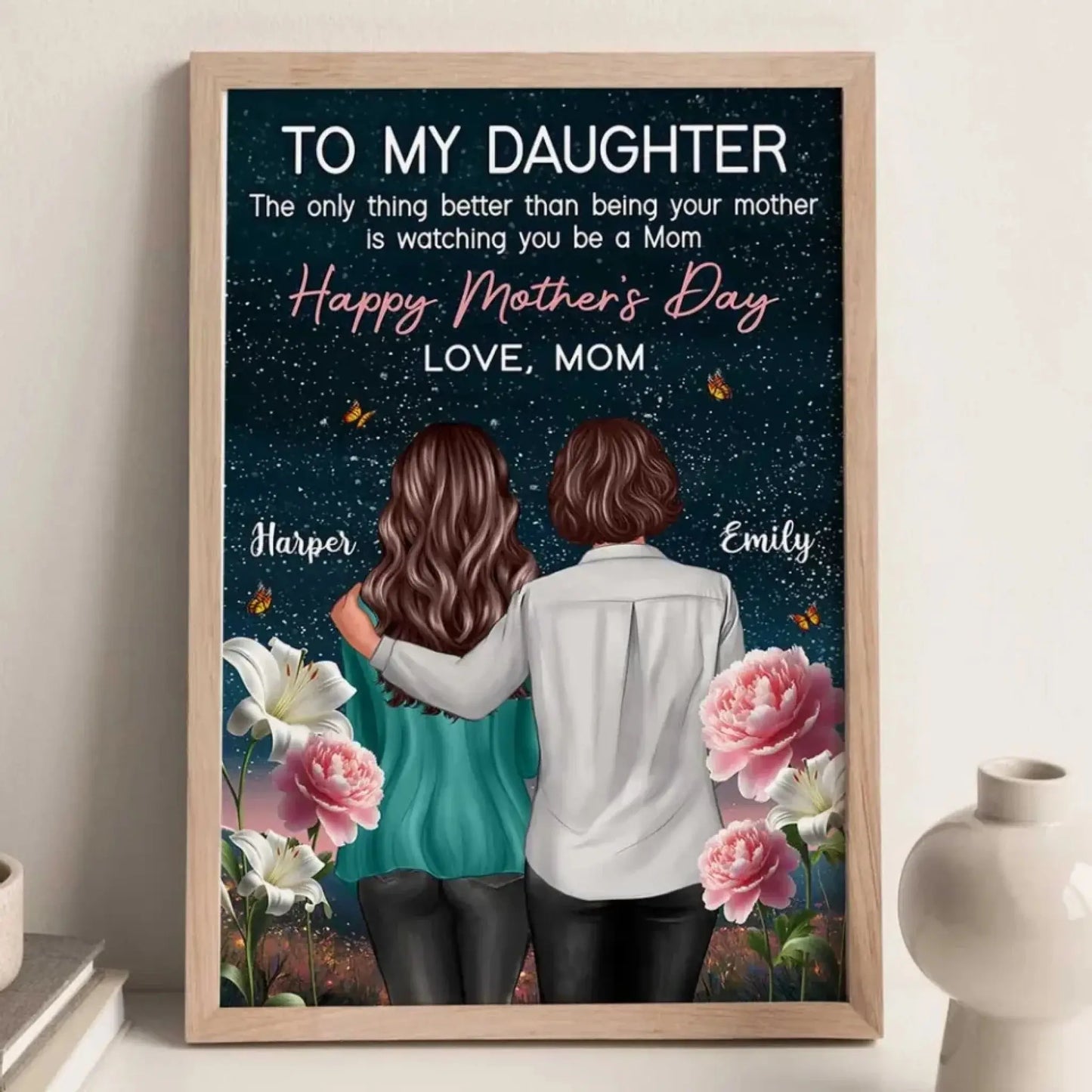 To My Daughter Birth Flower Art – Personalized Poster/Canvas with Night Hill Scene – Mother’s Day Gift from Mom Ezcustomize