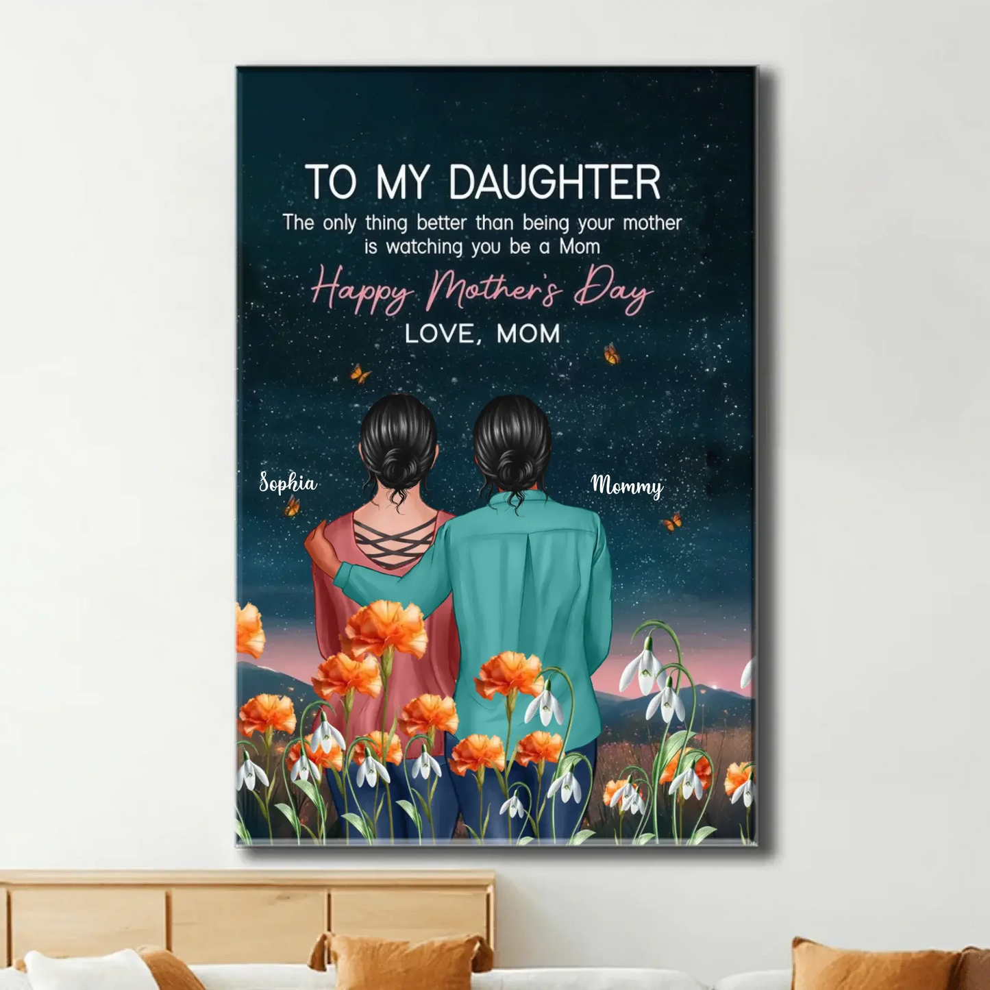 To My Daughter Birth Flower Art – Personalized Poster/Canvas with Night Hill Scene – Mother’s Day Gift from Mom Ezcustomize