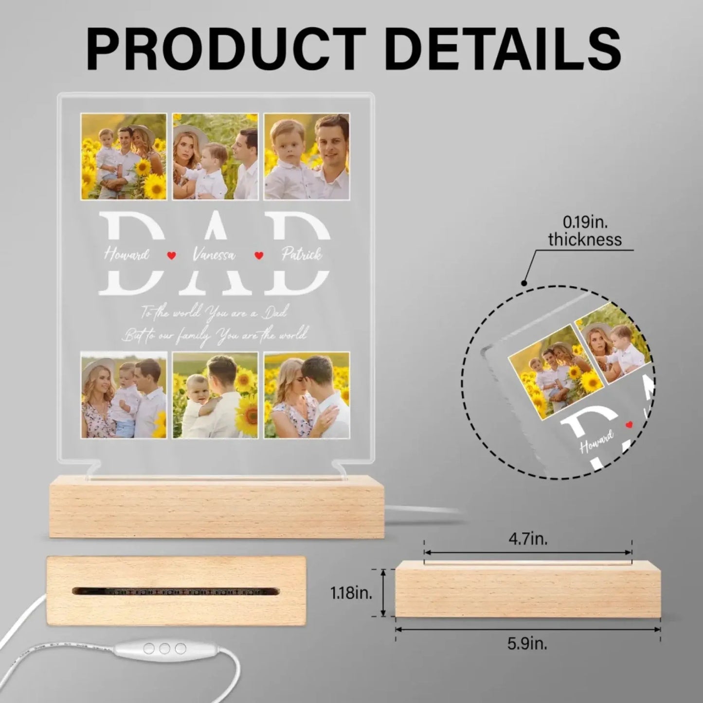 To The World You Are A Dad Custom LED Light – Personalized Acrylic Photo Lamp with Kids’ Names, Gift for Dad on Father’s Day or Birthday Ezcustomize