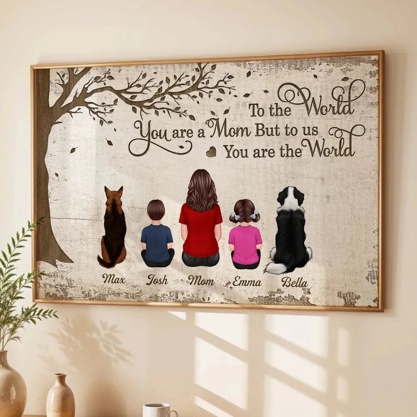 To Us You Are the World Mom & Pets Art – Personalized Poster/Canvas – Heartfelt Birthday or Just Because Gift for Mom Ezcustomize