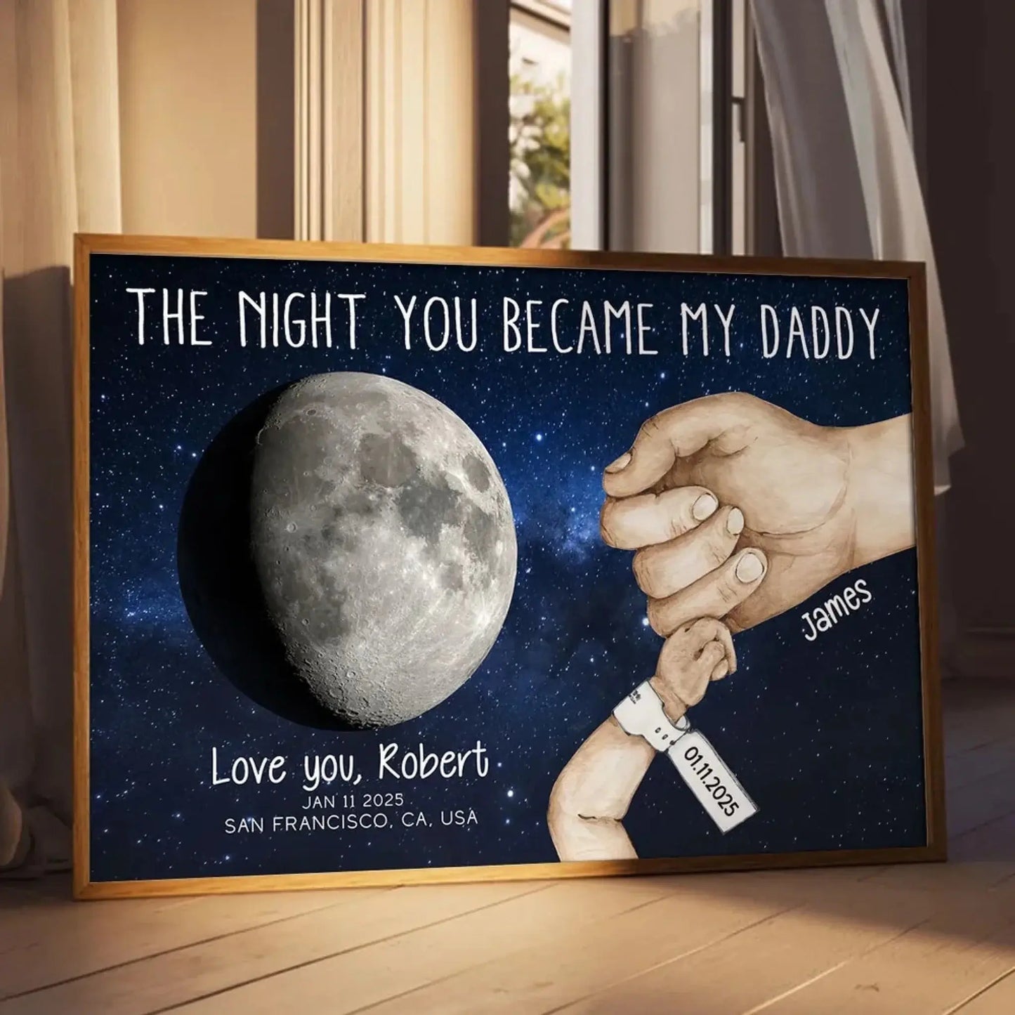 Under This Moon You Became My Daddy – Newborn Holding Hands Moon Phase Personalized Poster/Canvas – First Father’s Day Gift from Baby Ezcustomize
