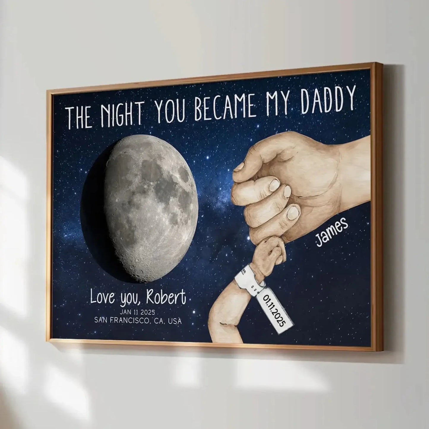 Under This Moon You Became My Daddy – Newborn Holding Hands Moon Phase Personalized Poster/Canvas – First Father’s Day Gift from Baby Ezcustomize
