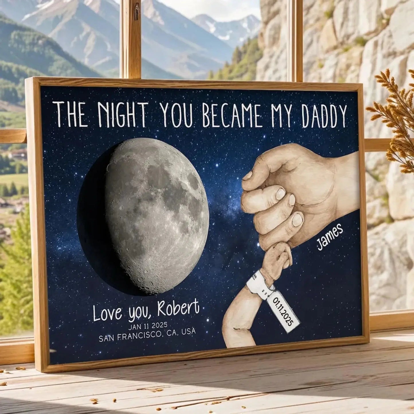 Under This Moon You Became My Daddy – Newborn Holding Hands Moon Phase Personalized Poster/Canvas – First Father’s Day Gift from Baby Ezcustomize