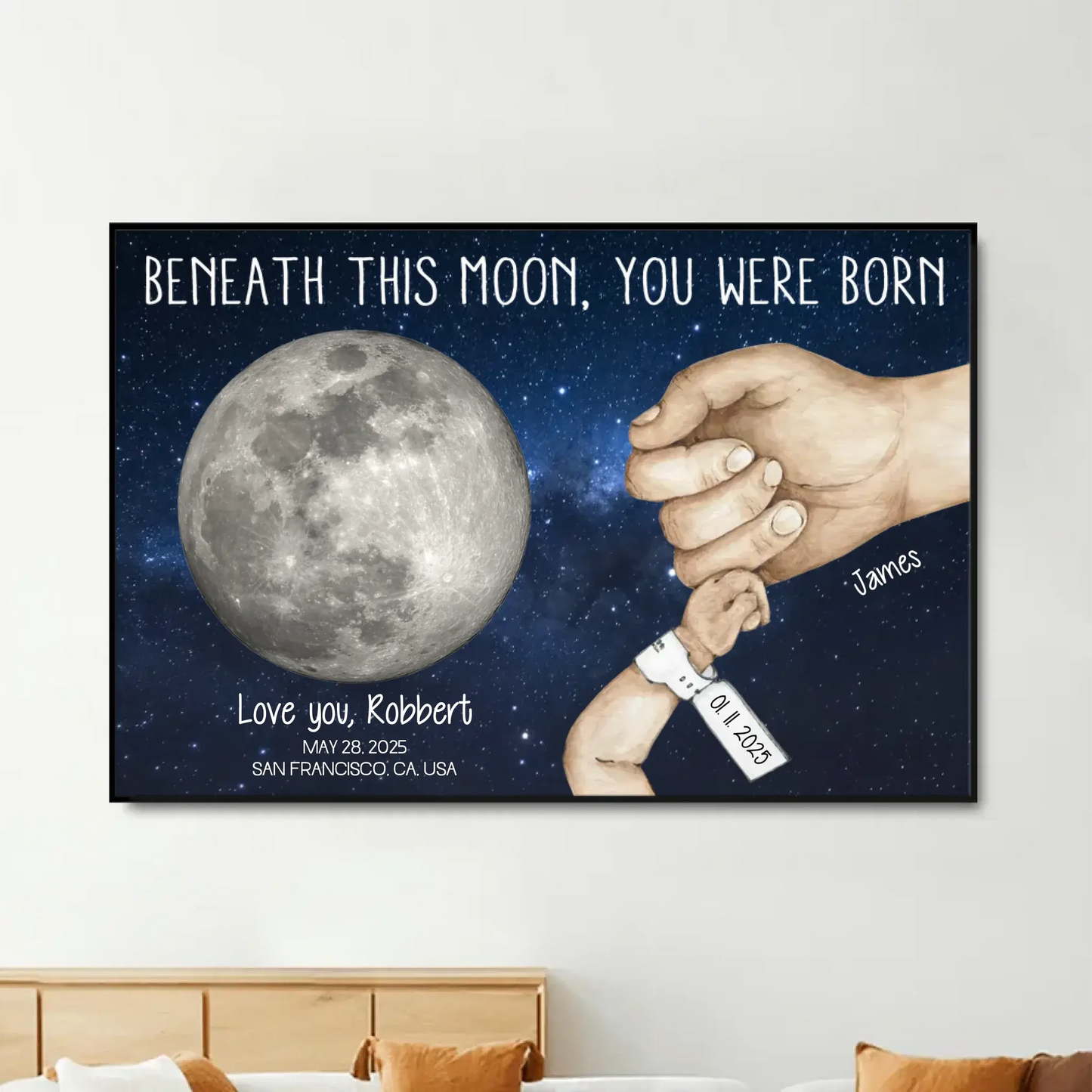 Under This Moon You Became My Daddy – Newborn Holding Hands Moon Phase Personalized Poster/Canvas – First Father’s Day Gift from Baby Ezcustomize