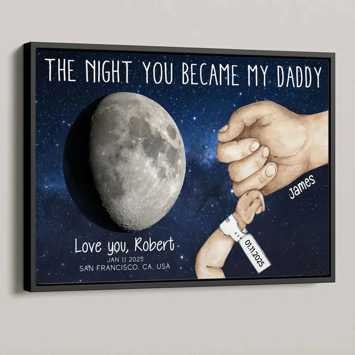 Under This Moon You Became My Daddy – Newborn Holding Hands Moon Phase Personalized Poster/Canvas – First Father’s Day Gift from Baby Ezcustomize
