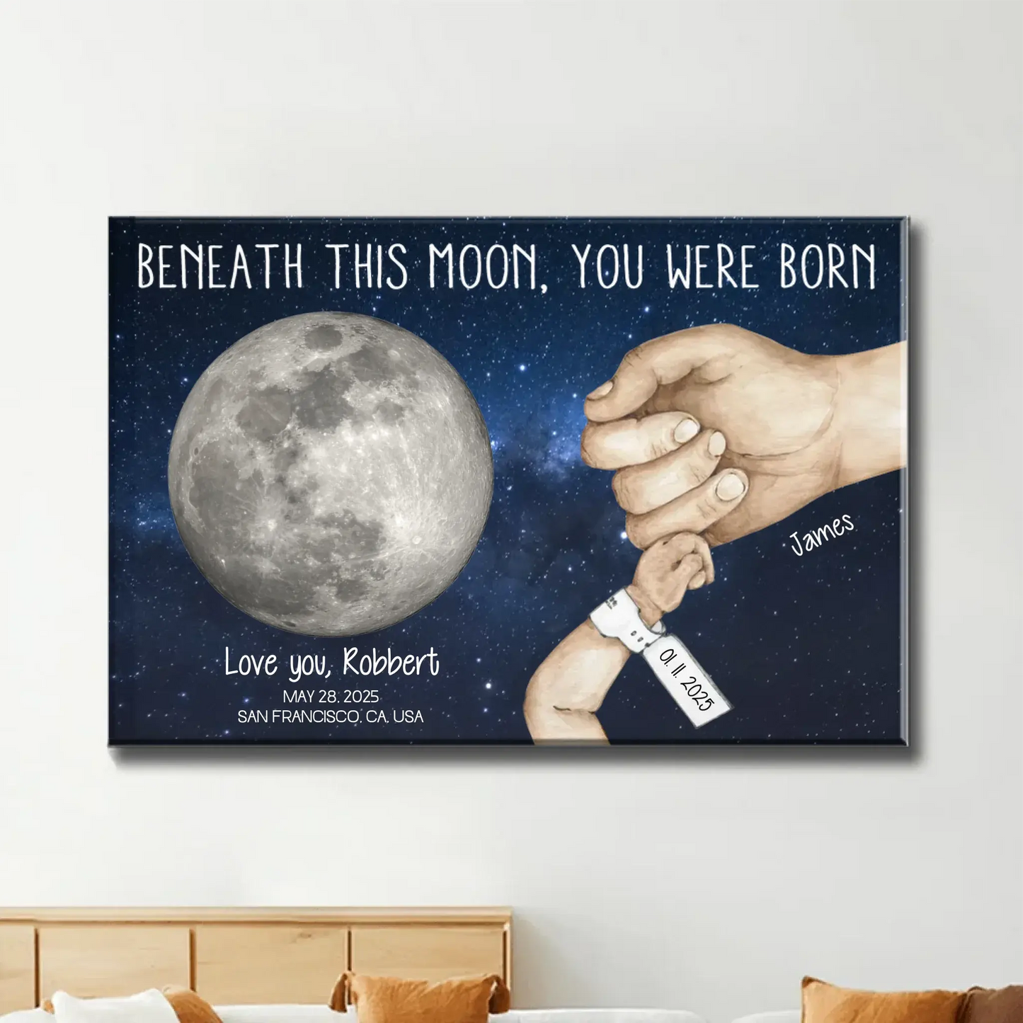 Under This Moon You Became My Daddy – Newborn Holding Hands Moon Phase Personalized Poster/Canvas – First Father’s Day Gift from Baby Ezcustomize