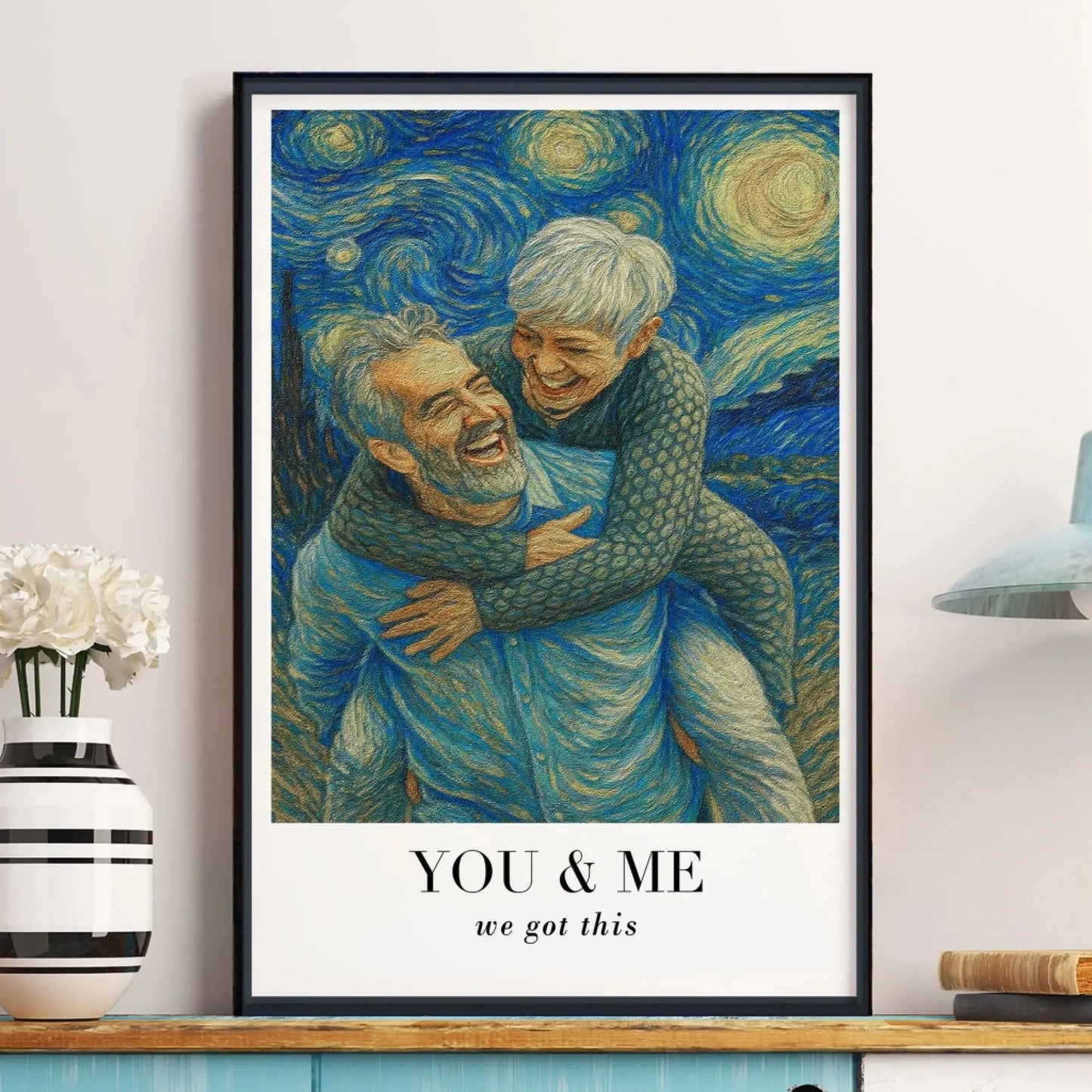 Van Gogh Style Custom Couple Portrait – Personalized Photo Poster/Canvas with Quote – Artistic Gift for Anniversary or Valentine Ezcustomize