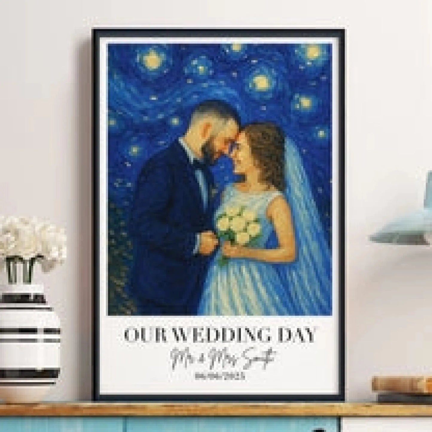 Van Gogh Style Wedding Portrait – Personalized Photo Poster/Canvas with Names and Date – Romantic Anniversary Gift for Couples Ezcustomize