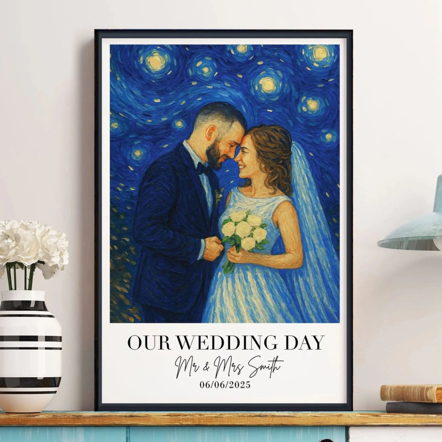 Van Gogh Style Wedding Portrait – Personalized Photo Poster/Canvas with Names and Date – Romantic Anniversary Gift for Couples Ezcustomize