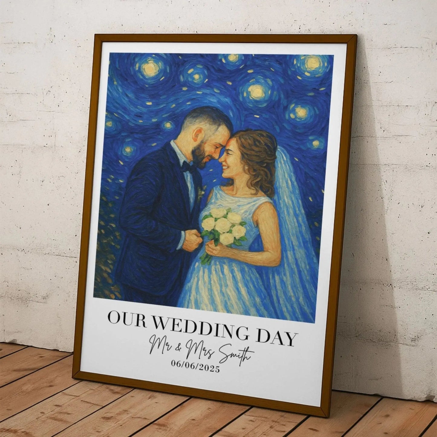 Van Gogh Style Wedding Portrait – Personalized Photo Poster/Canvas with Names and Date – Romantic Anniversary Gift for Couples Ezcustomize