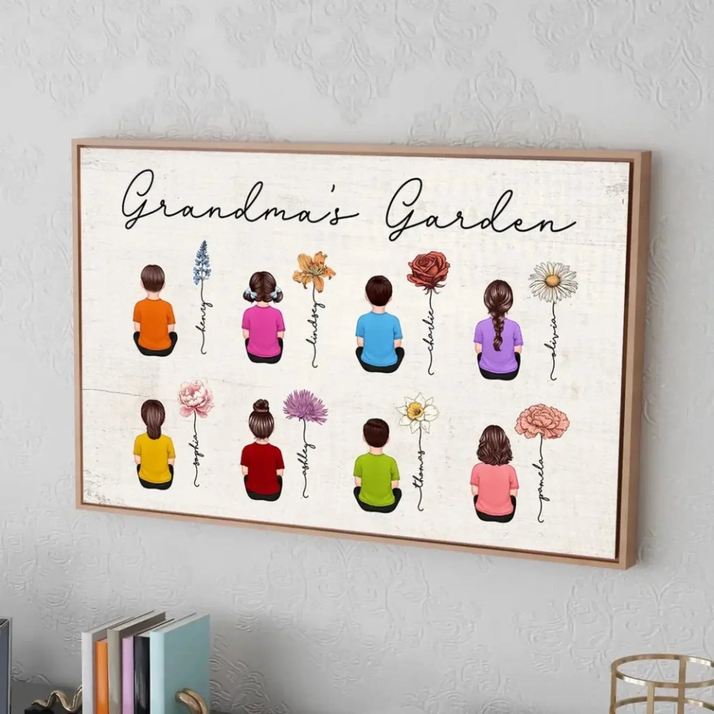 Vintage Birth Month Flowers Garden With Grandkids Names Personalized Poster, Gift For Grandma Mom Auntie Ezcustomize