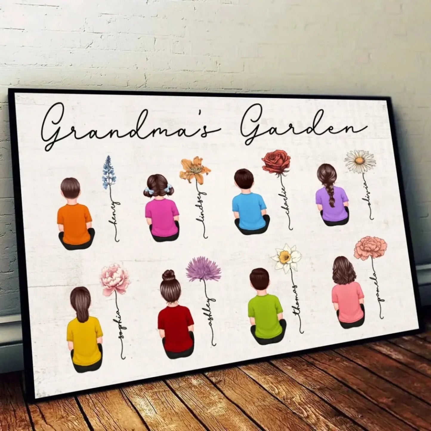 Vintage Birth Month Flowers Garden With Grandkids Names Personalized Poster, Gift For Grandma Mom Auntie Ezcustomize