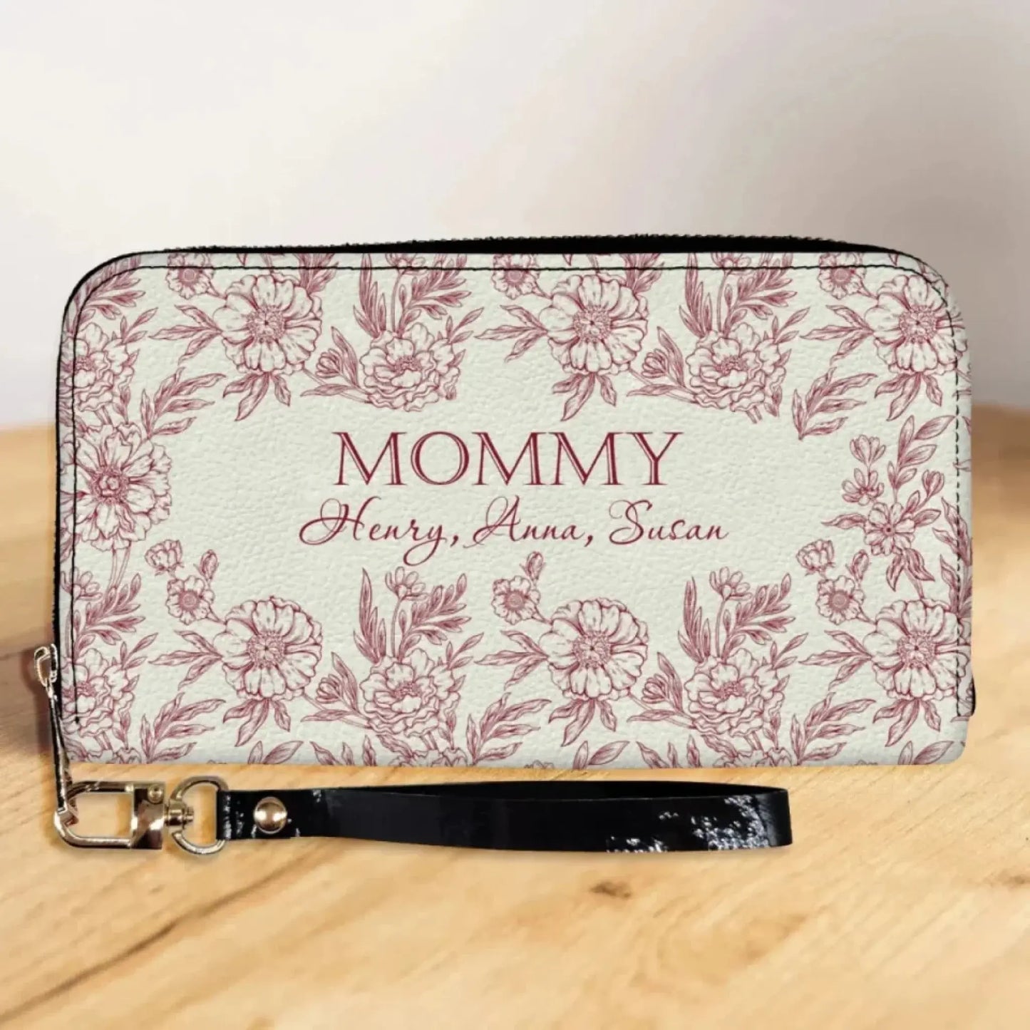 Vintage Floral Grandma And Her Kids - Personalized Leather Wallet, Retro Style Wallet, Gift for Mom/ Grandma Ezcustomize