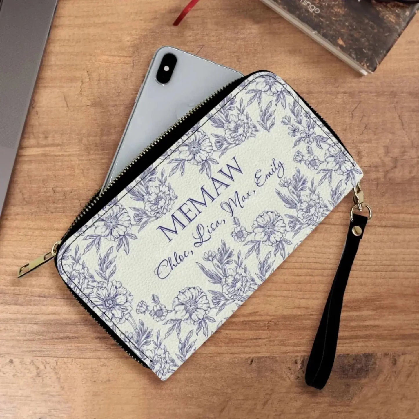 Vintage Floral Grandma And Her Kids - Personalized Leather Wallet, Retro Style Wallet, Gift for Mom/ Grandma Ezcustomize