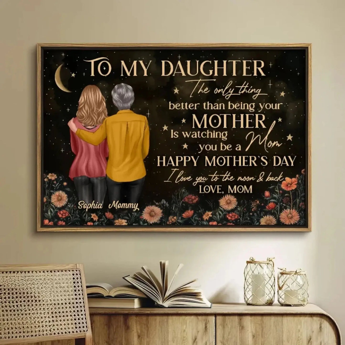 Vintage Flowers & Gold Moon – Personalized Poster/Canvas – Mother’s Day Gift for Daughter from Mom Ezcustomize