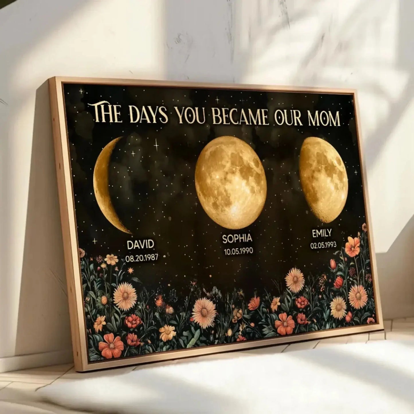 Vintage Flowers – The Day You Became Mom Birth Moon Phase Personalized Poster, Heartfelt Gift for Mom’s Birthday, Mother’s Day, or Just Because Ezcustomize