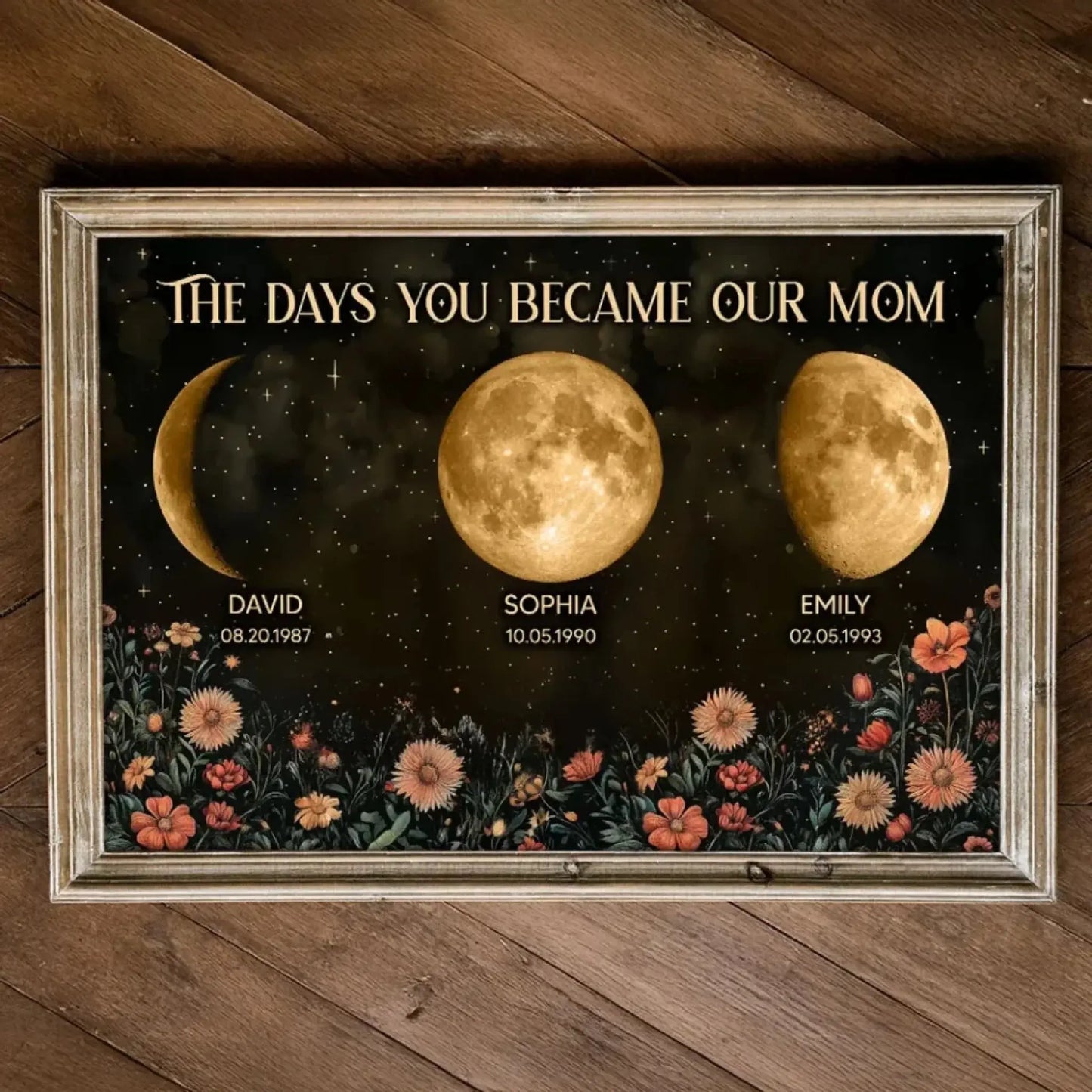 Vintage Flowers – The Day You Became Mom Birth Moon Phase Personalized Poster, Heartfelt Gift for Mom’s Birthday, Mother’s Day, or Just Because Ezcustomize