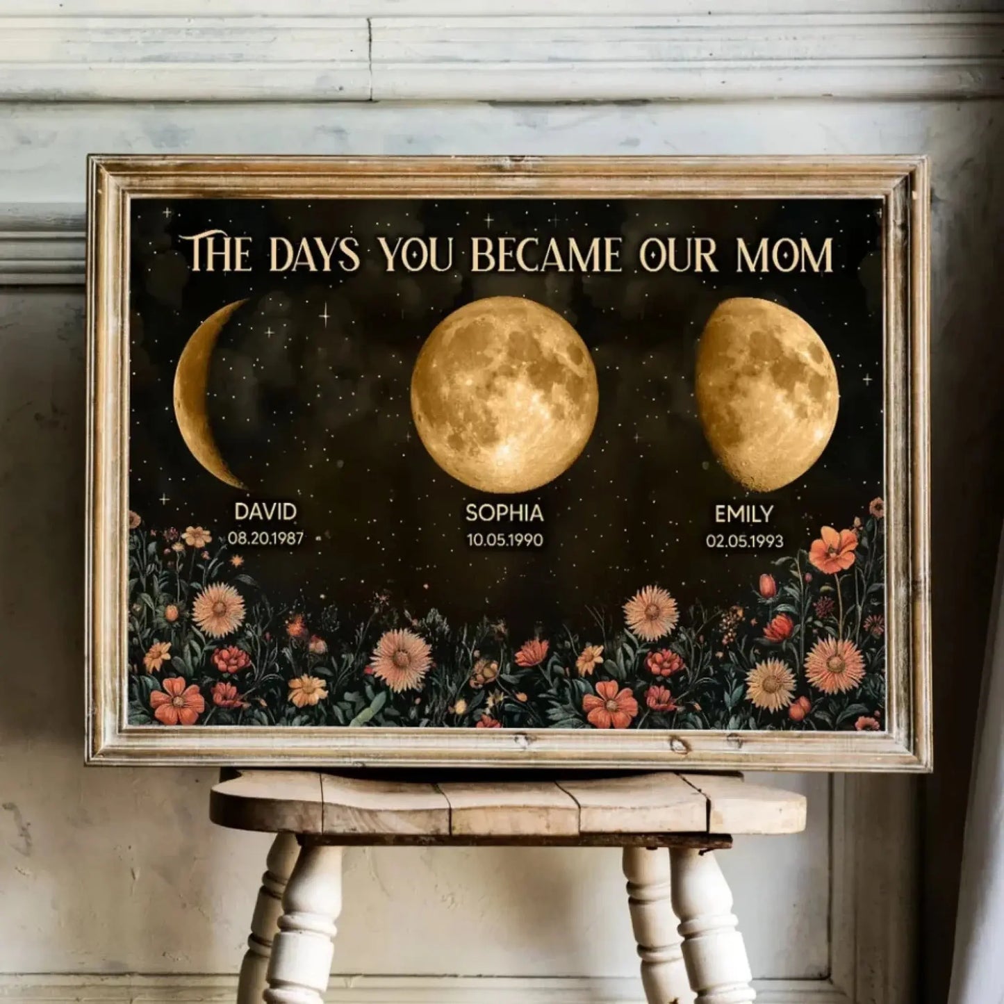 Vintage Flowers – The Day You Became Mom Birth Moon Phase Personalized Poster, Heartfelt Gift for Mom’s Birthday, Mother’s Day, or Just Because Ezcustomize