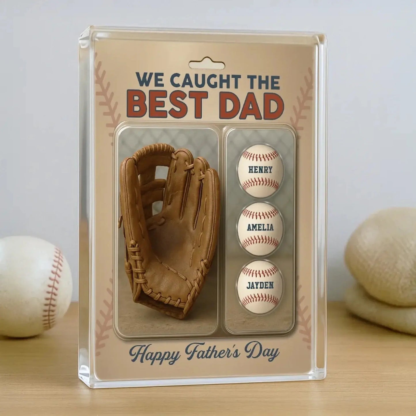 We Caught The Best Dad Baseball Plaque – Personalized Acrylic Block with Glove & Kids’ Figures – Father’s Day Gift for Dad or Grandpa Ezcustomize