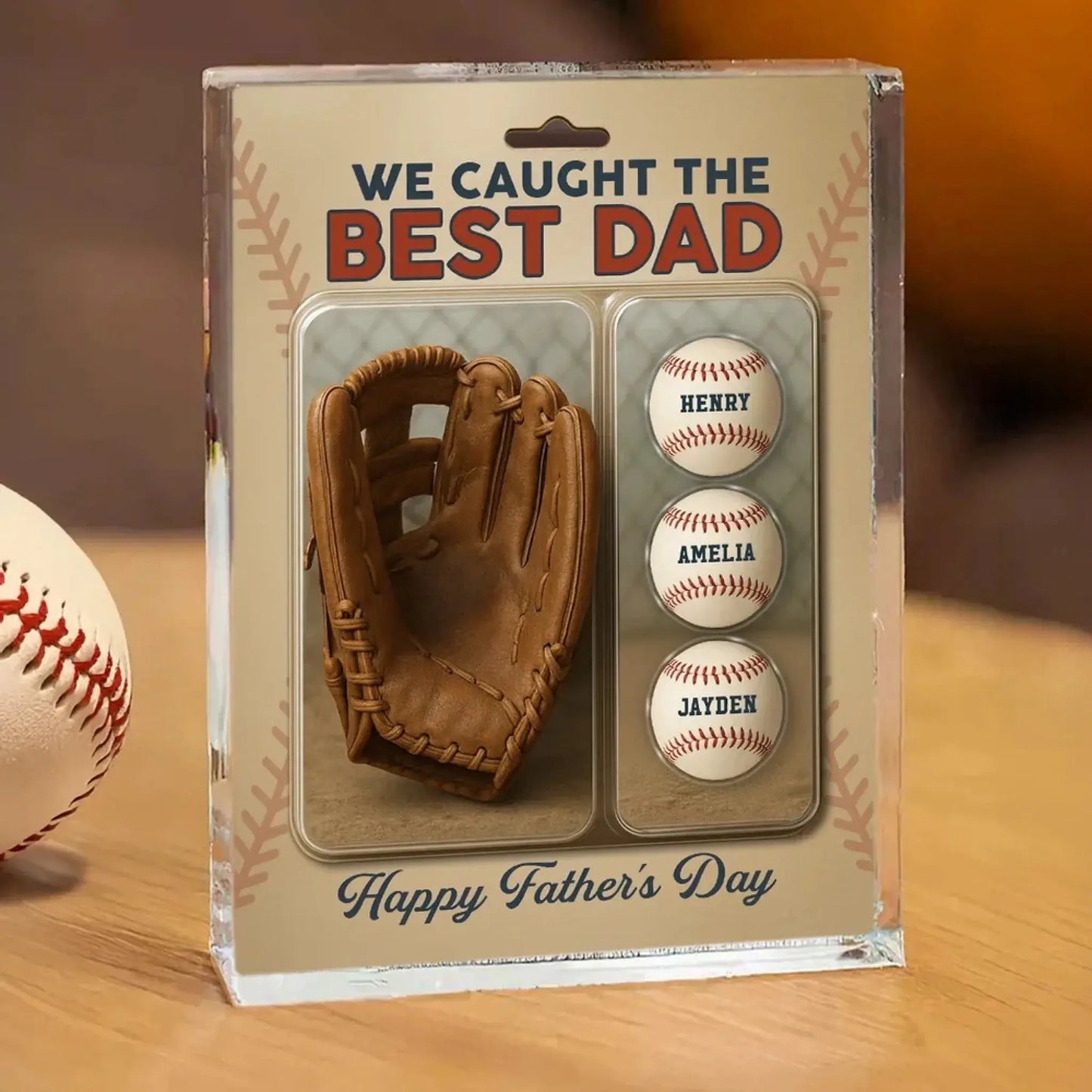 We Caught The Best Dad Baseball Plaque – Personalized Acrylic Block with Glove & Kids’ Figures – Father’s Day Gift for Dad or Grandpa Ezcustomize