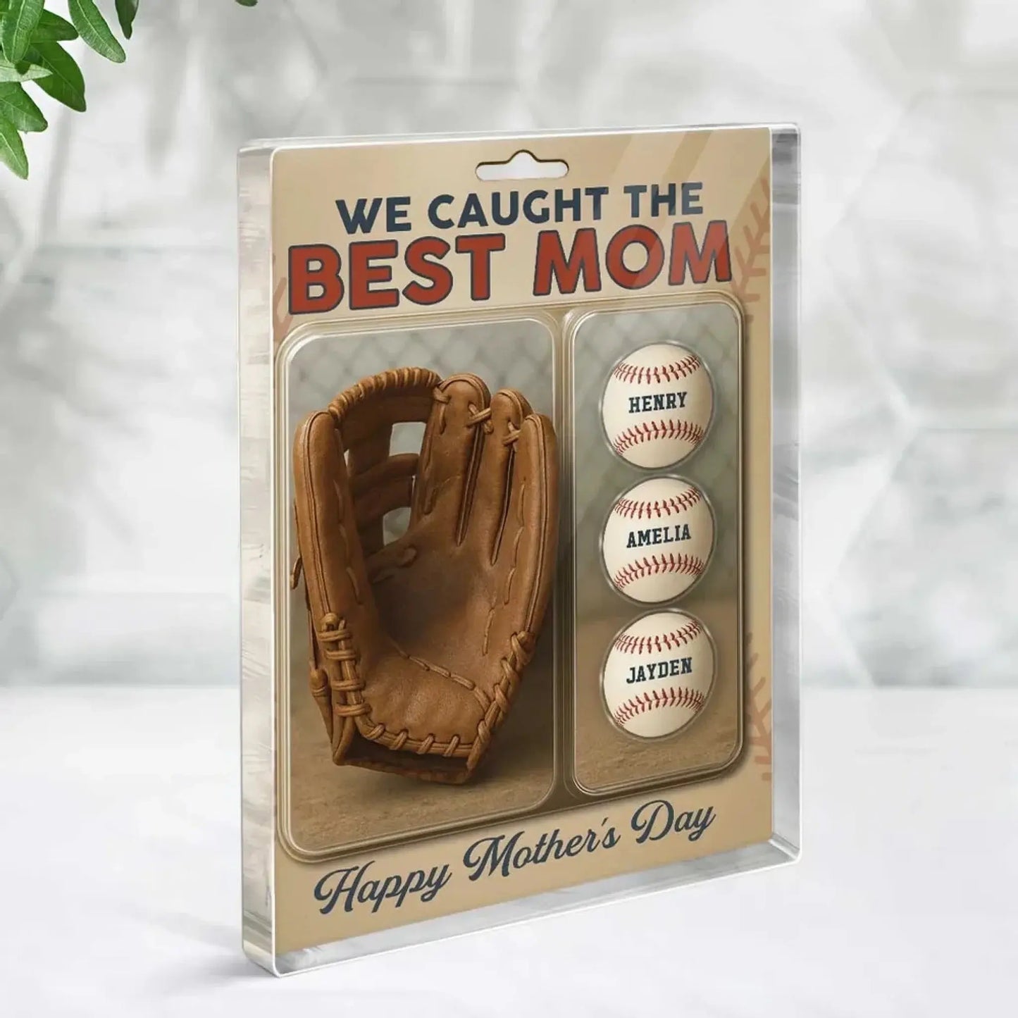 We Caught The Best Dad Baseball Plaque – Personalized Acrylic Block with Glove & Kids’ Figures – Father’s Day Gift for Dad or Grandpa Ezcustomize