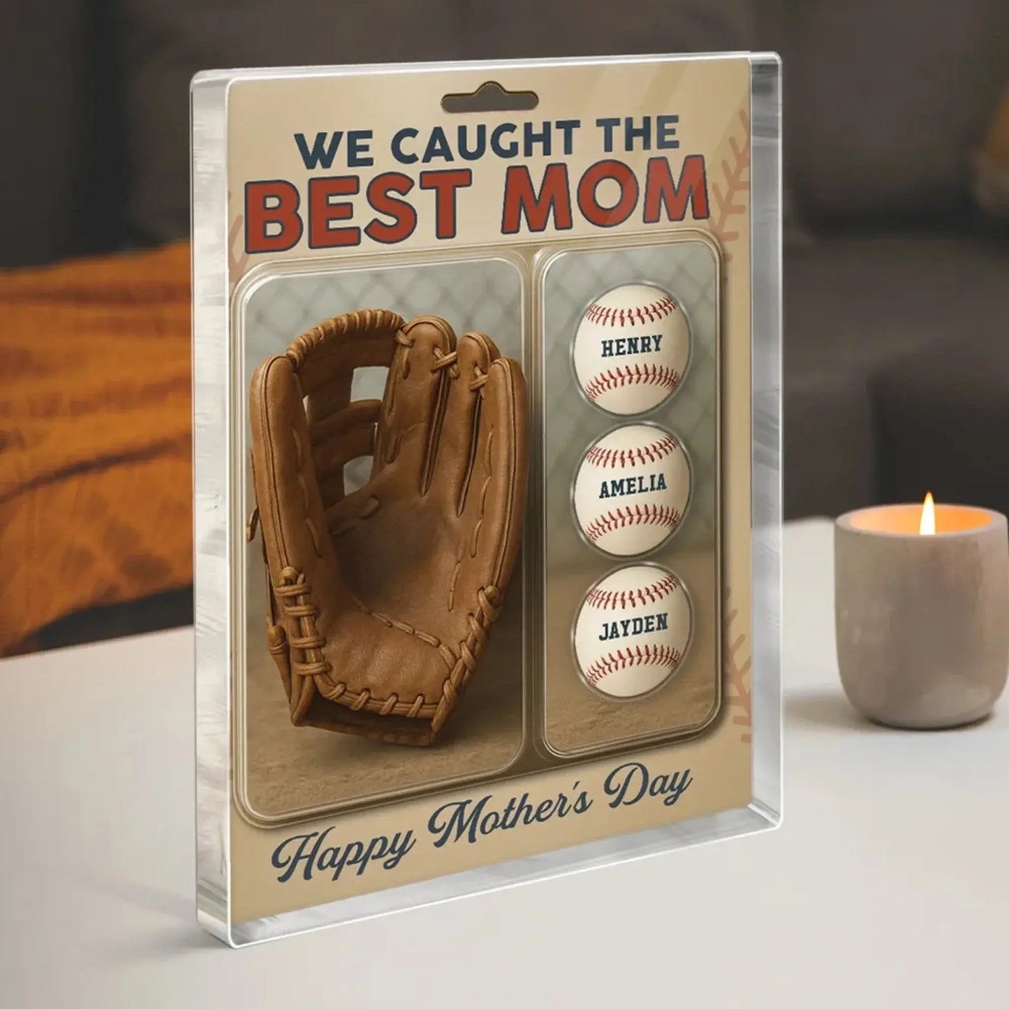 We Caught The Best Dad Baseball Plaque – Personalized Acrylic Block with Glove & Kids’ Figures – Father’s Day Gift for Dad or Grandpa Ezcustomize