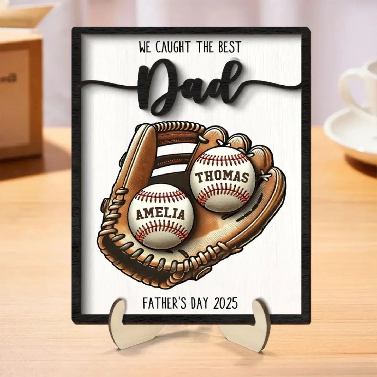 We Caught The Best Dad Baseball, Softball Personalized 2-Layer Wooden Plaque, Custom Kid's Name, Father’s Day Gift For Husband, Gift For Dad Ezcustomize