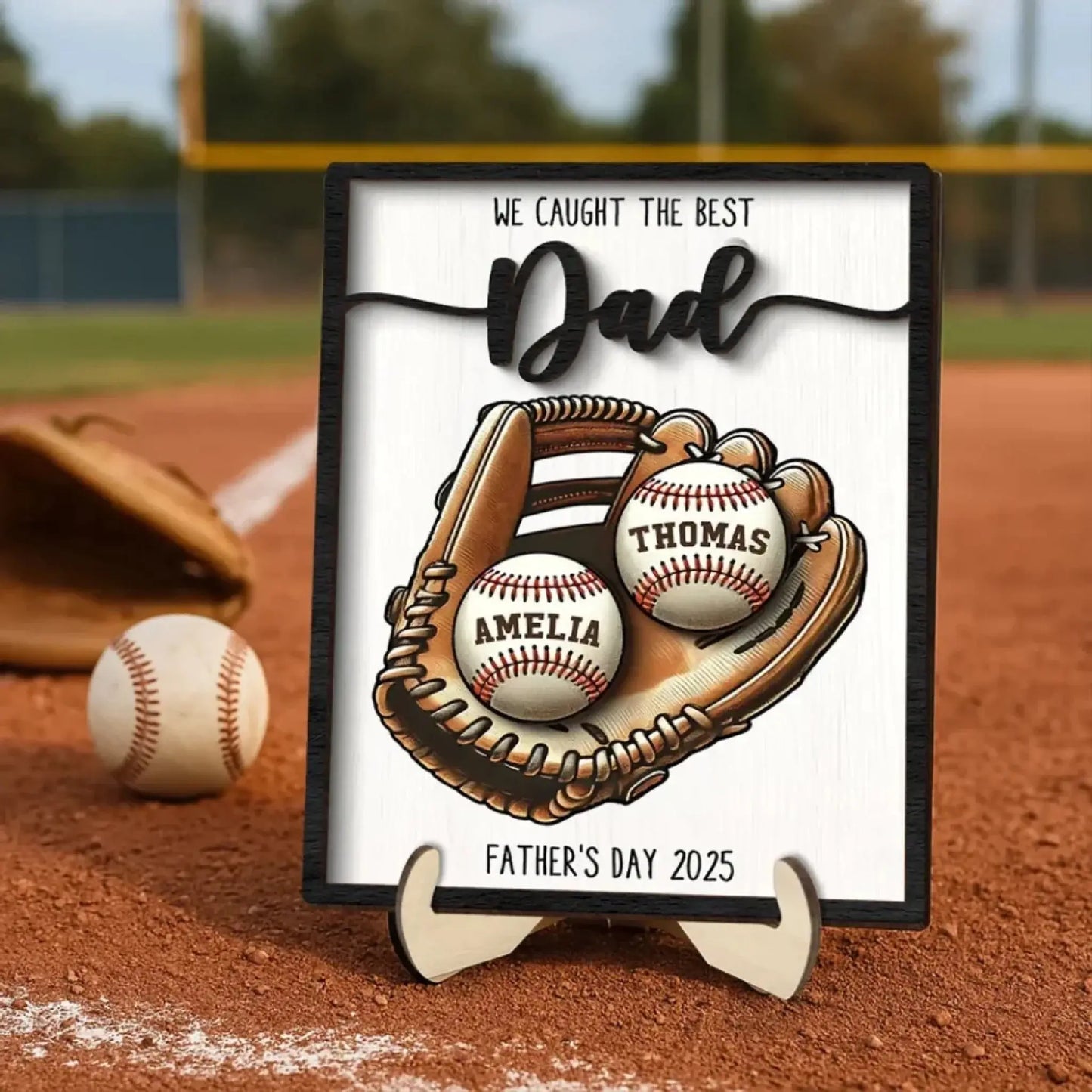 We Caught The Best Dad Baseball, Softball Personalized 2-Layer Wooden Plaque, Custom Kid's Name, Father’s Day Gift For Husband, Gift For Dad Ezcustomize