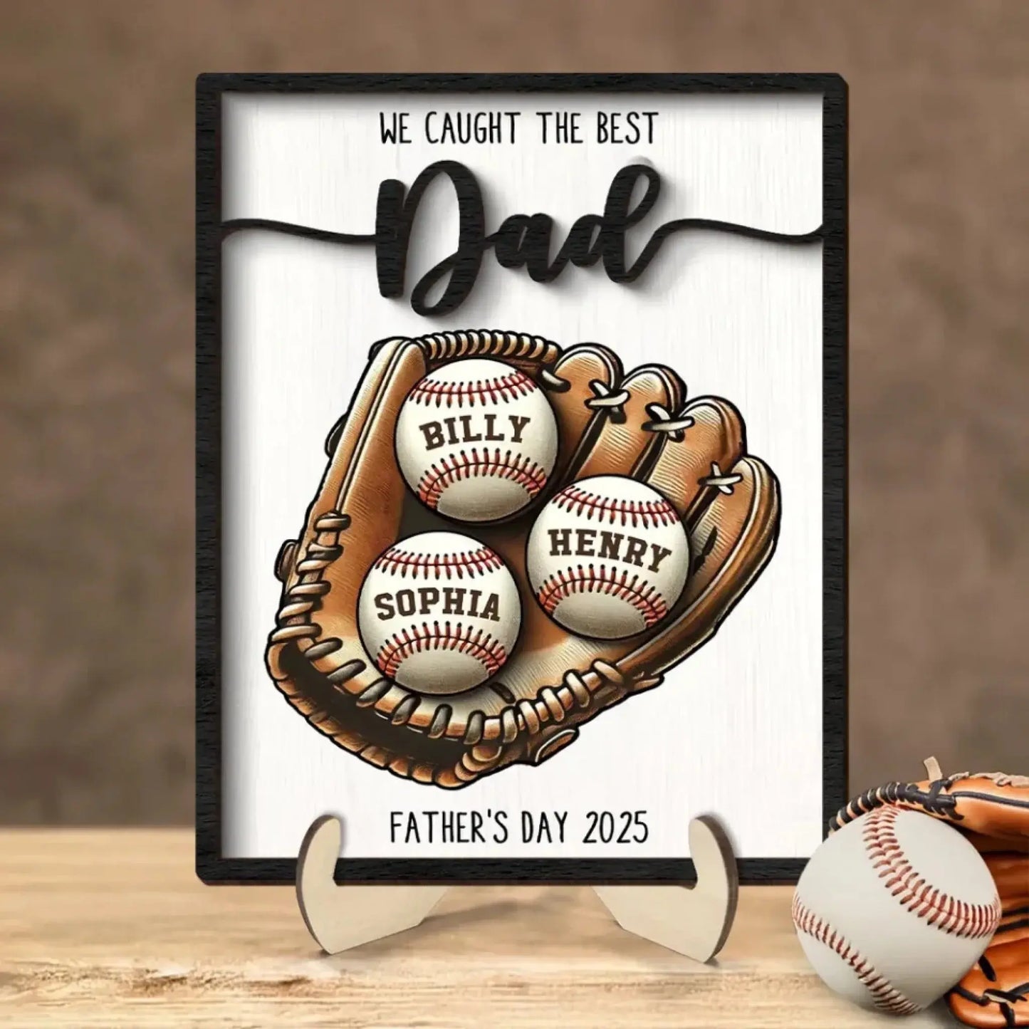 We Caught The Best Dad Baseball, Softball Personalized 2-Layer Wooden Plaque, Custom Kid's Name, Father’s Day Gift For Husband, Gift For Dad Ezcustomize
