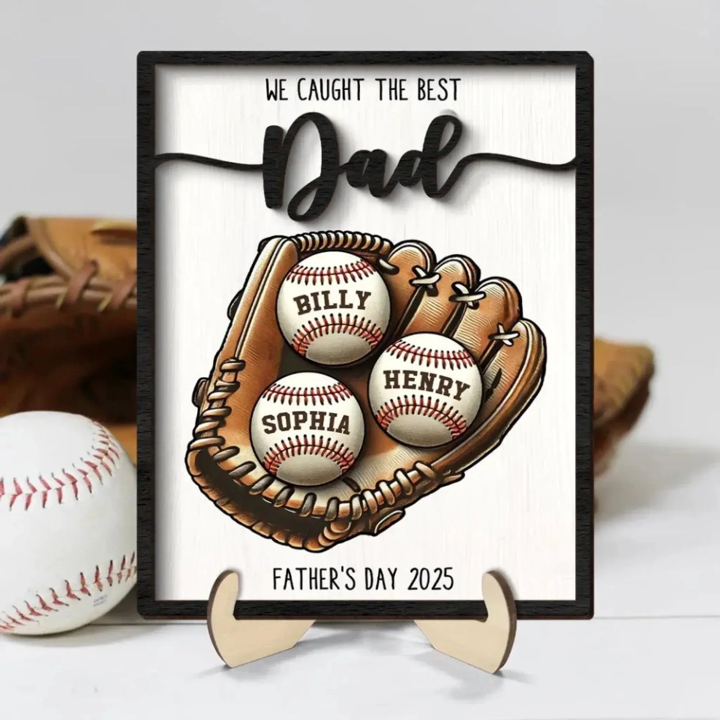 We Caught The Best Dad Baseball, Softball Personalized 2-Layer Wooden Plaque, Custom Kid's Name, Father’s Day Gift For Husband, Gift For Dad Ezcustomize