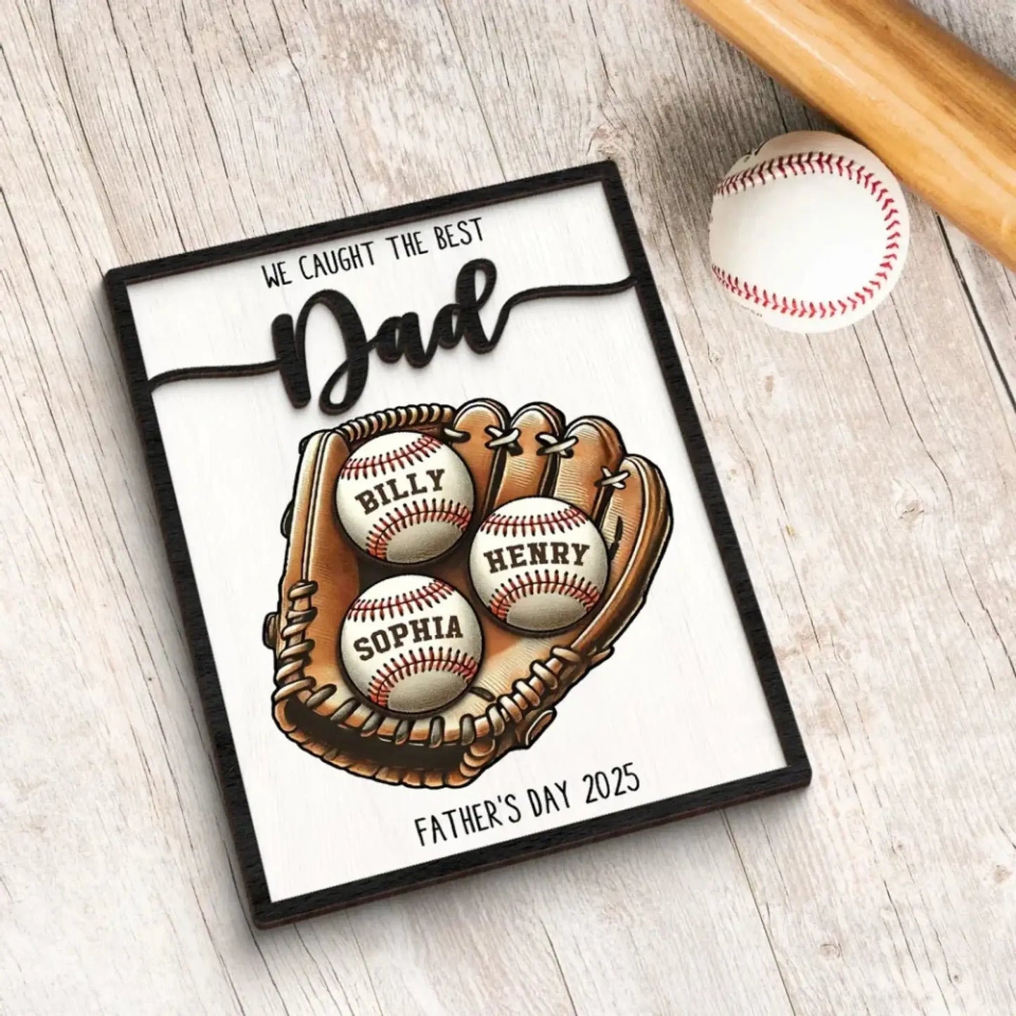 We Caught The Best Dad Baseball, Softball Personalized 2-Layer Wooden Plaque, Custom Kid's Name, Father’s Day Gift For Husband, Gift For Dad Ezcustomize
