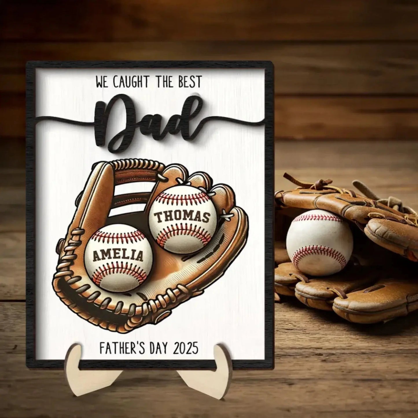 We Caught The Best Dad Baseball, Softball Personalized 2-Layer Wooden Plaque, Custom Kid's Name, Father’s Day Gift For Husband, Gift For Dad Ezcustomize