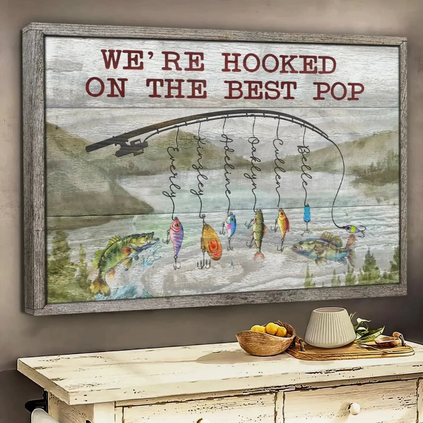 We’re Hooked on Daddy Fishing Art – Personalized Poster/Canvas – Custom Father’s Day Gift for Dad or Grandpa Ezcustomize