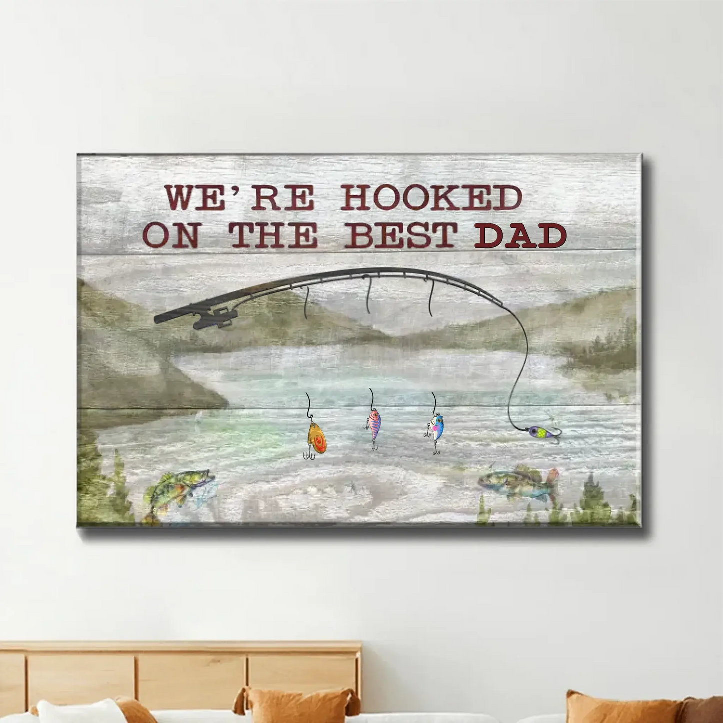 We’re Hooked on Daddy Fishing Art – Personalized Poster/Canvas – Custom Father’s Day Gift for Dad or Grandpa Ezcustomize
