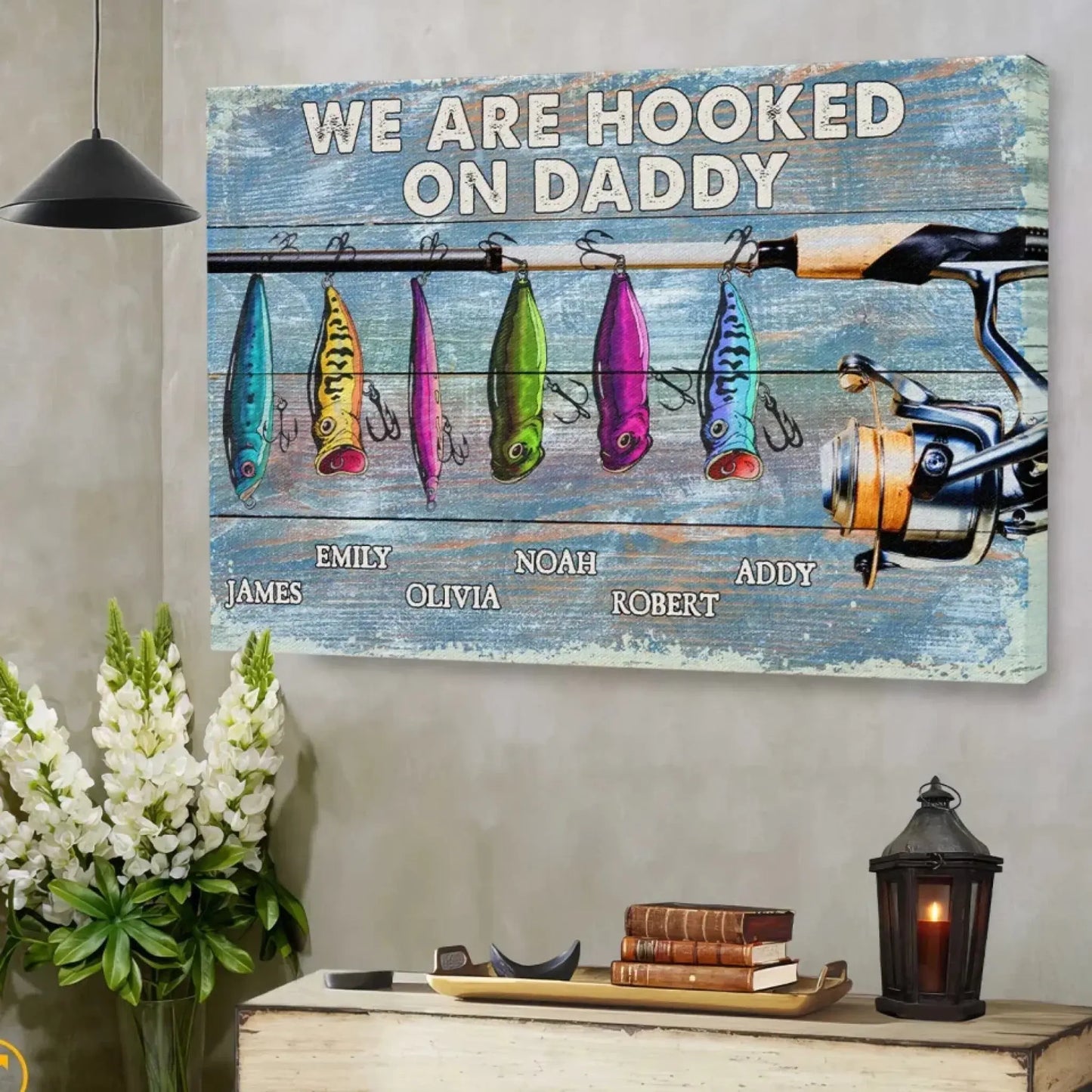 We’re Hooked on Daddy Fishing - Dad Fishing Personalized – Personalized Poster/Canvas – Custom Father’s Day Gift for Dad or Grandpa Ezcustomize