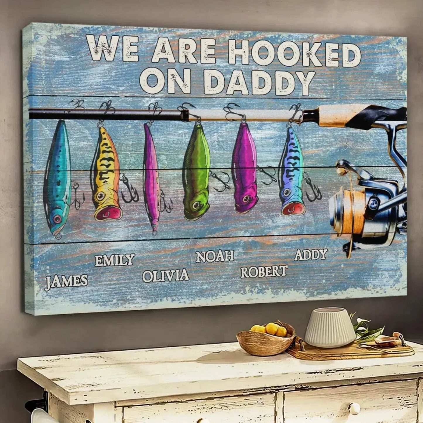 We’re Hooked on Daddy Fishing - Dad Fishing Personalized – Personalized Poster/Canvas – Custom Father’s Day Gift for Dad or Grandpa Ezcustomize