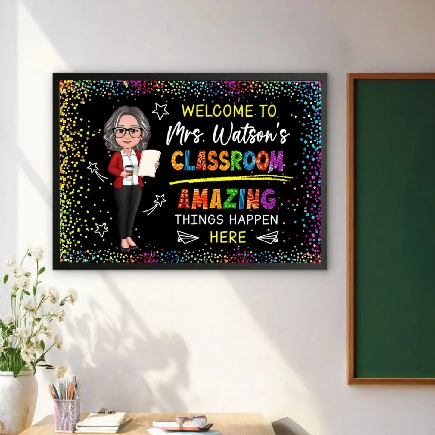 Welcome to My Classroom – Amazing Things Happen Here Personalized Poster, Custom Teacher Wall Art, Motivational Back to School Gift Ezcustomize