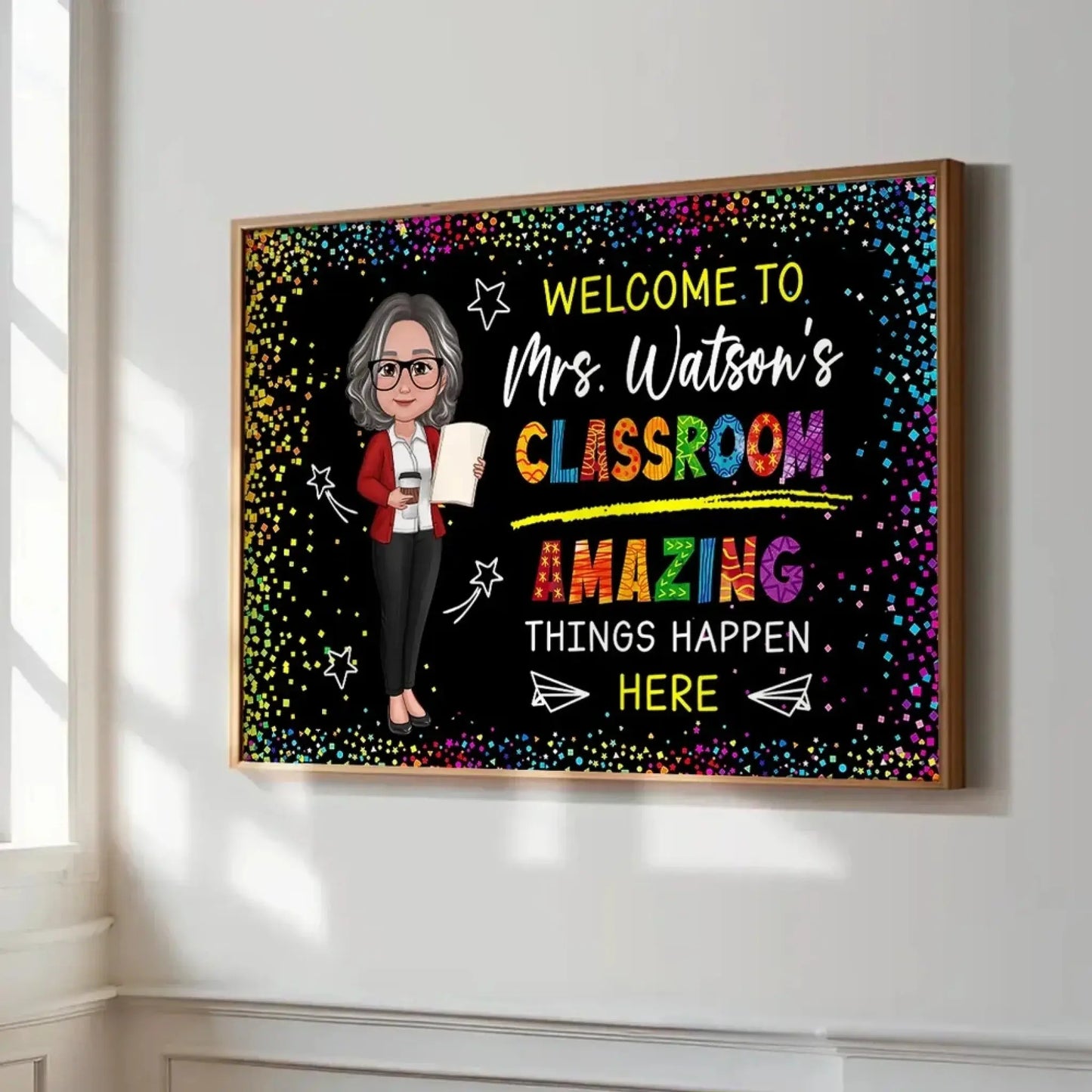 Welcome to My Classroom – Amazing Things Happen Here Personalized Poster, Custom Teacher Wall Art, Motivational Back to School Gift Ezcustomize