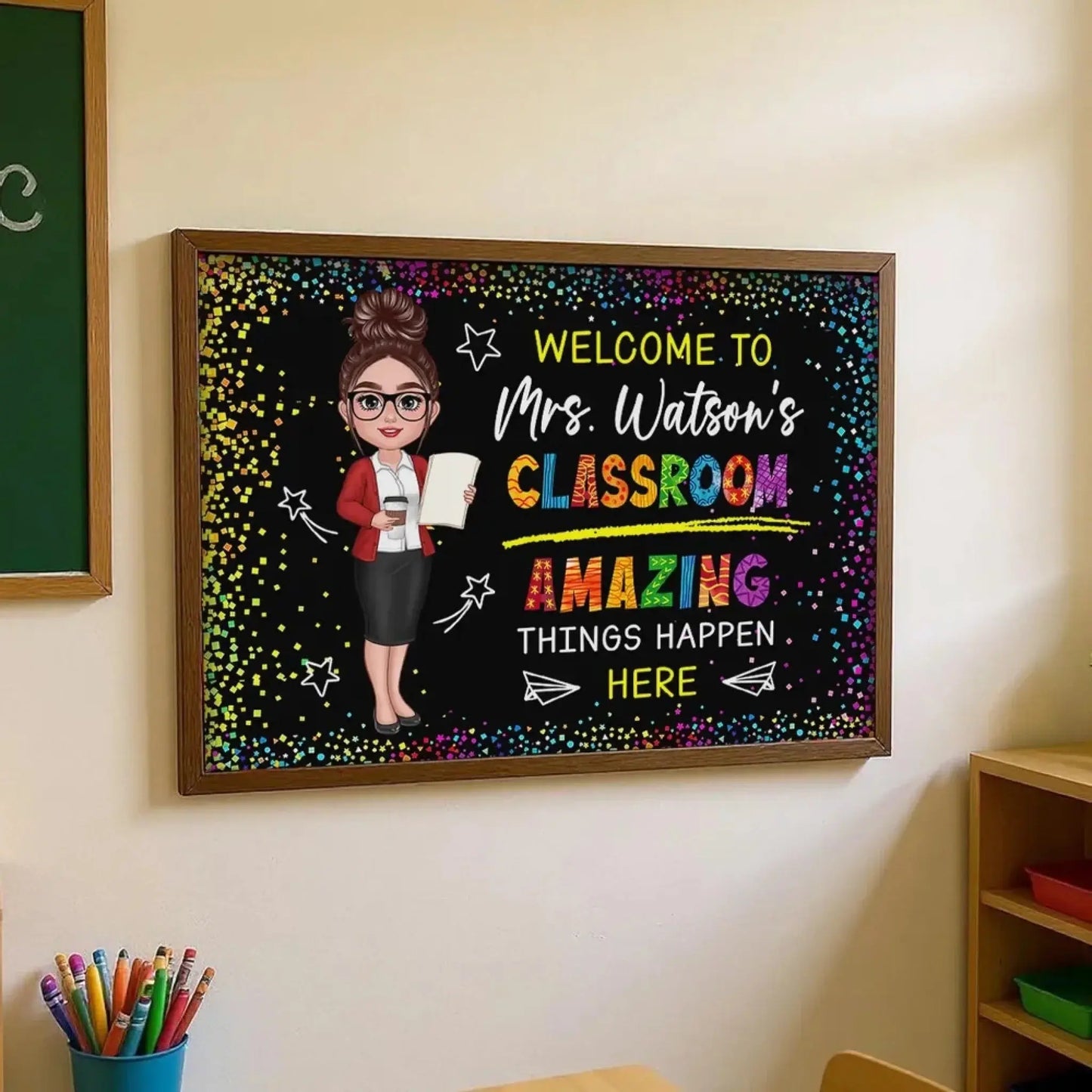 Welcome to My Classroom – Amazing Things Happen Here Personalized Poster, Custom Teacher Wall Art, Motivational Back to School Gift Ezcustomize