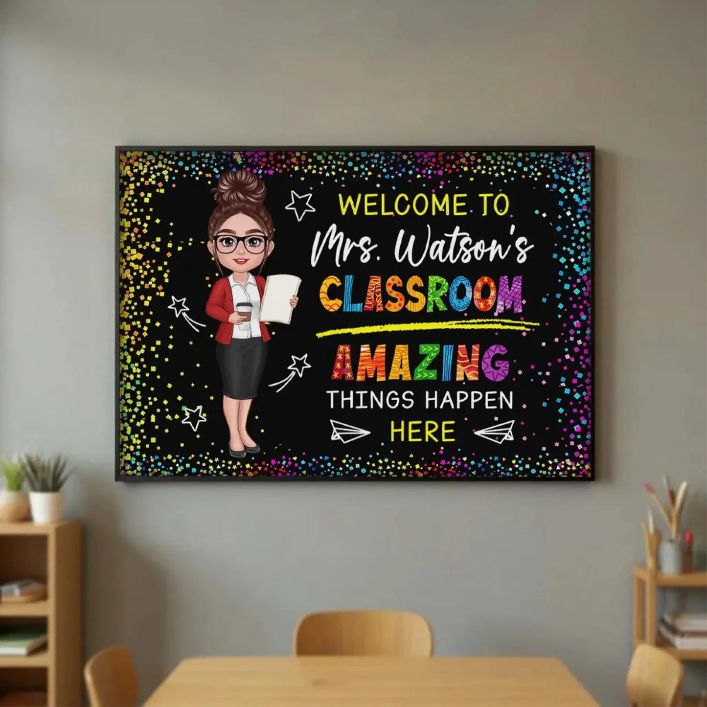 Welcome to My Classroom – Amazing Things Happen Here Personalized Poster, Custom Teacher Wall Art, Motivational Back to School Gift Ezcustomize