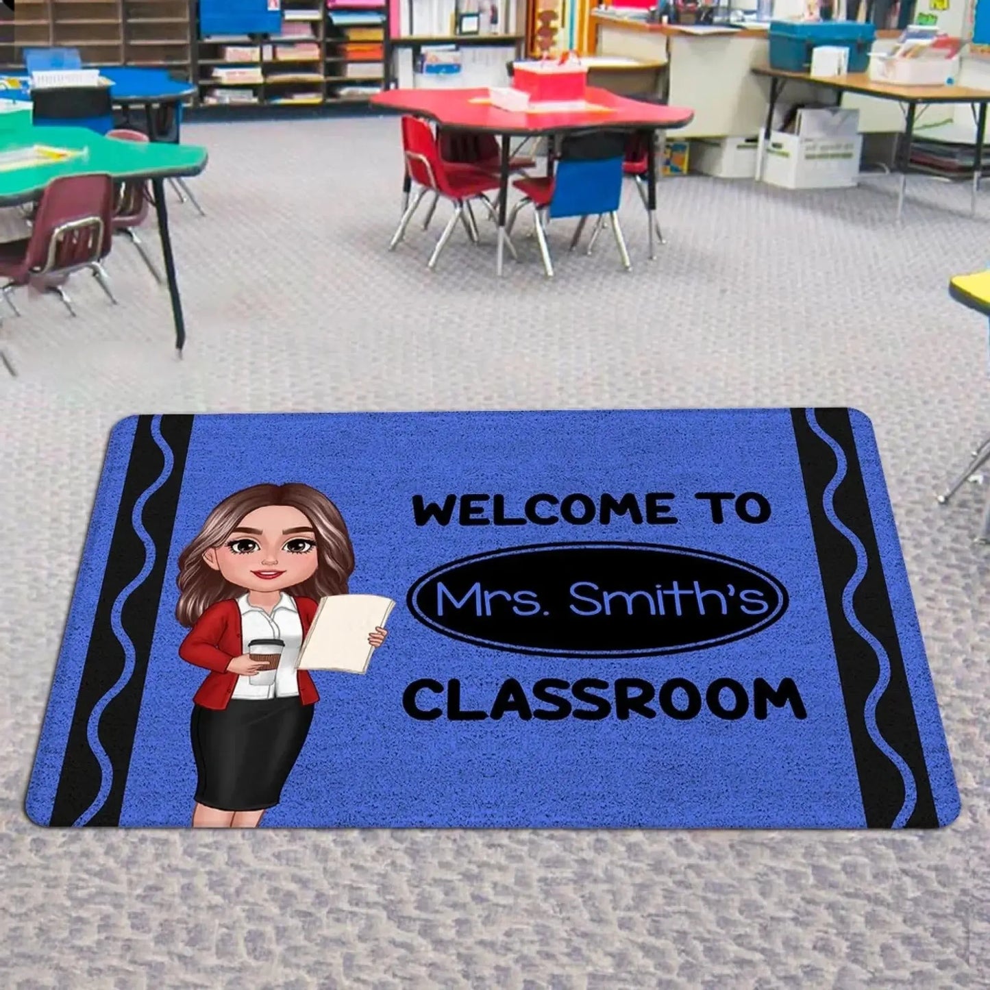 Welcome to Teacher’s Classroom Crayon Pattern – Personalized Doormat – Back-to-School Gift & Fun Classroom Decor for Teachers Ezcustomize