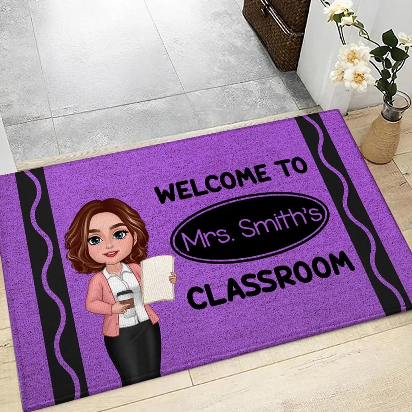 Welcome to Teacher’s Classroom Crayon Pattern – Personalized Doormat – Back-to-School Gift & Fun Classroom Decor for Teachers Ezcustomize