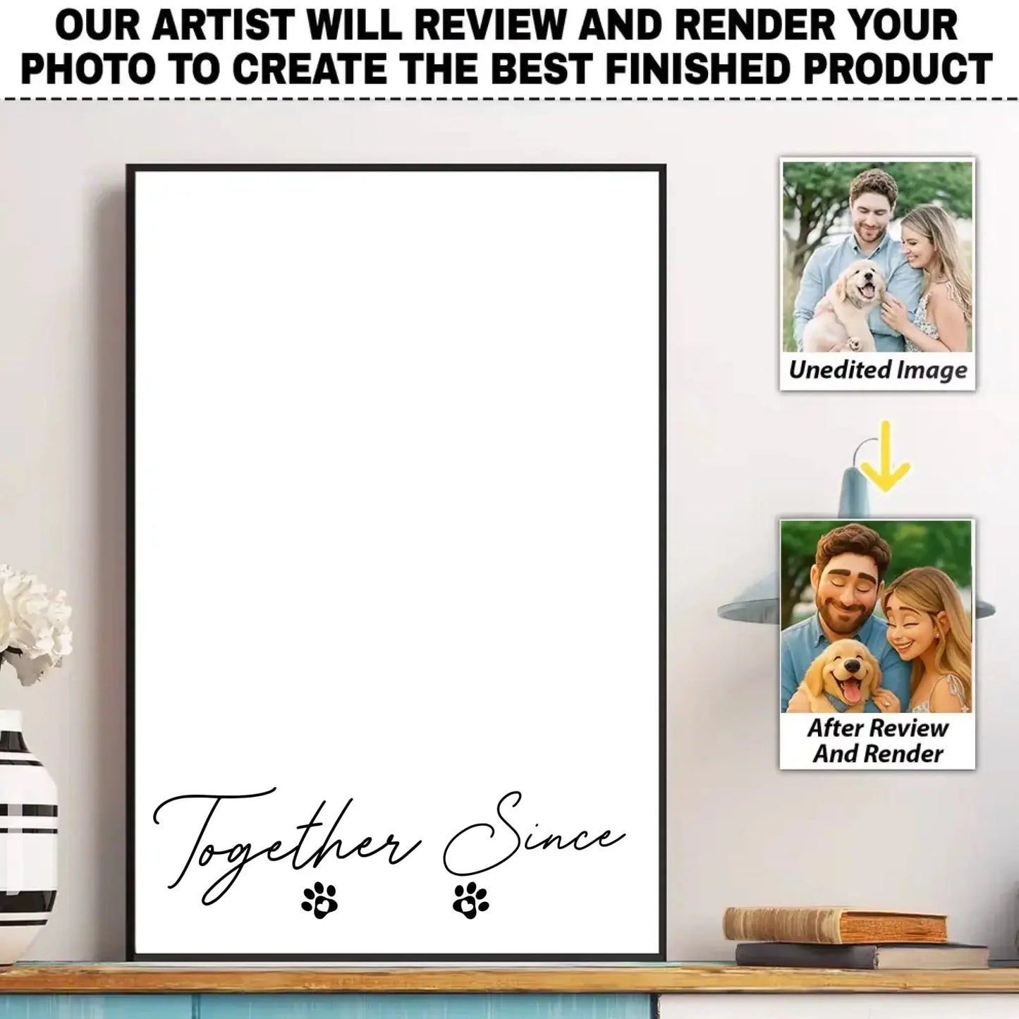 You & Me And The Dog Cartoon Portrait – Personalized Couple & Pet Photo Poster or Canvas Ezcustomize