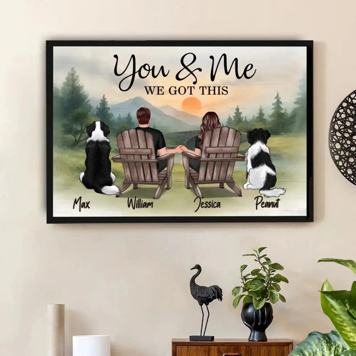 You & Me and the Dogs – Custom Couple Poster/Canvas with Pets – Personalized Sunset Beach Scene for Dog Lovers Ezcustomize