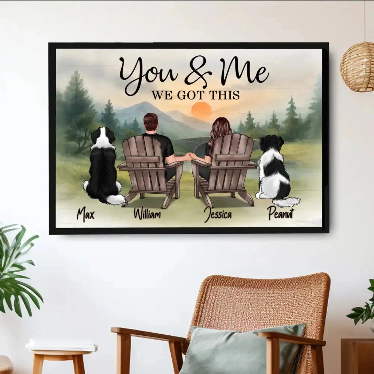 You & Me and the Dogs – Custom Couple Poster/Canvas with Pets – Personalized Sunset Beach Scene for Dog Lovers Ezcustomize