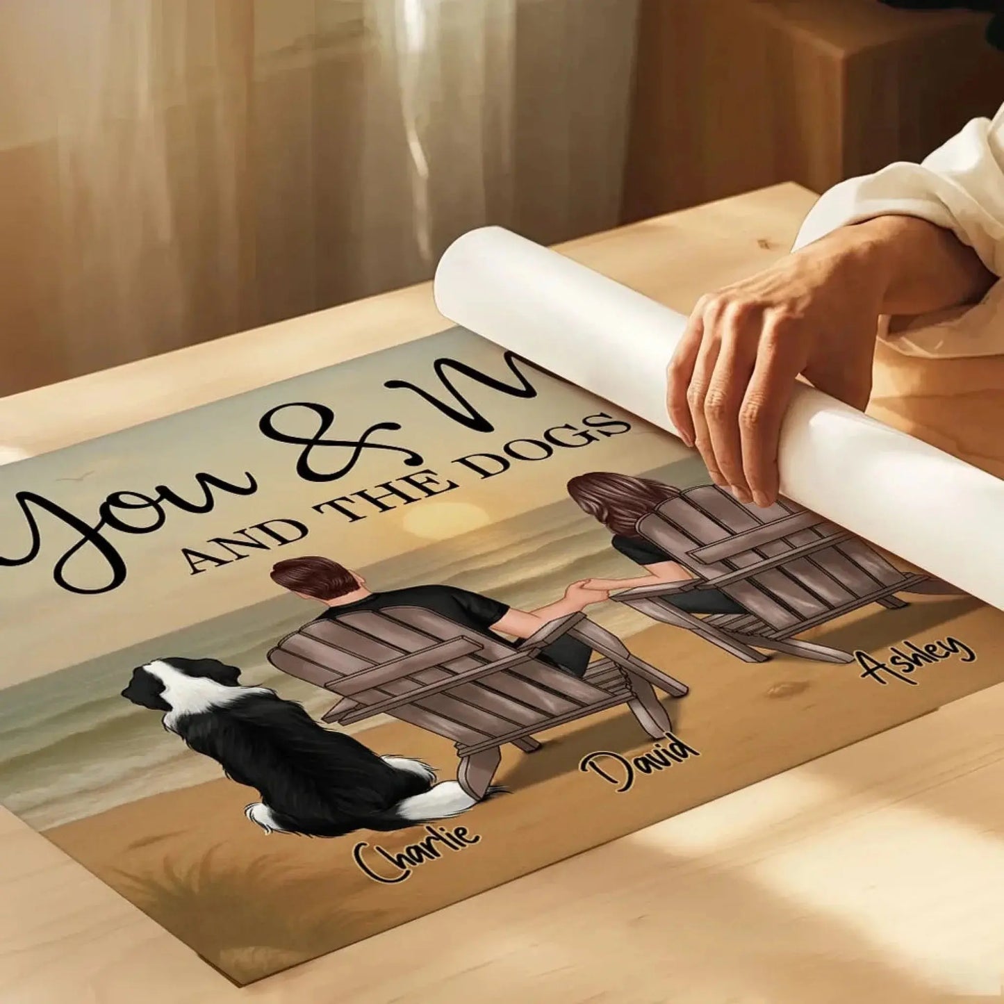 You & Me and the Dogs – Custom Couple Poster/Canvas with Pets – Personalized Sunset Beach Scene for Dog Lovers Ezcustomize