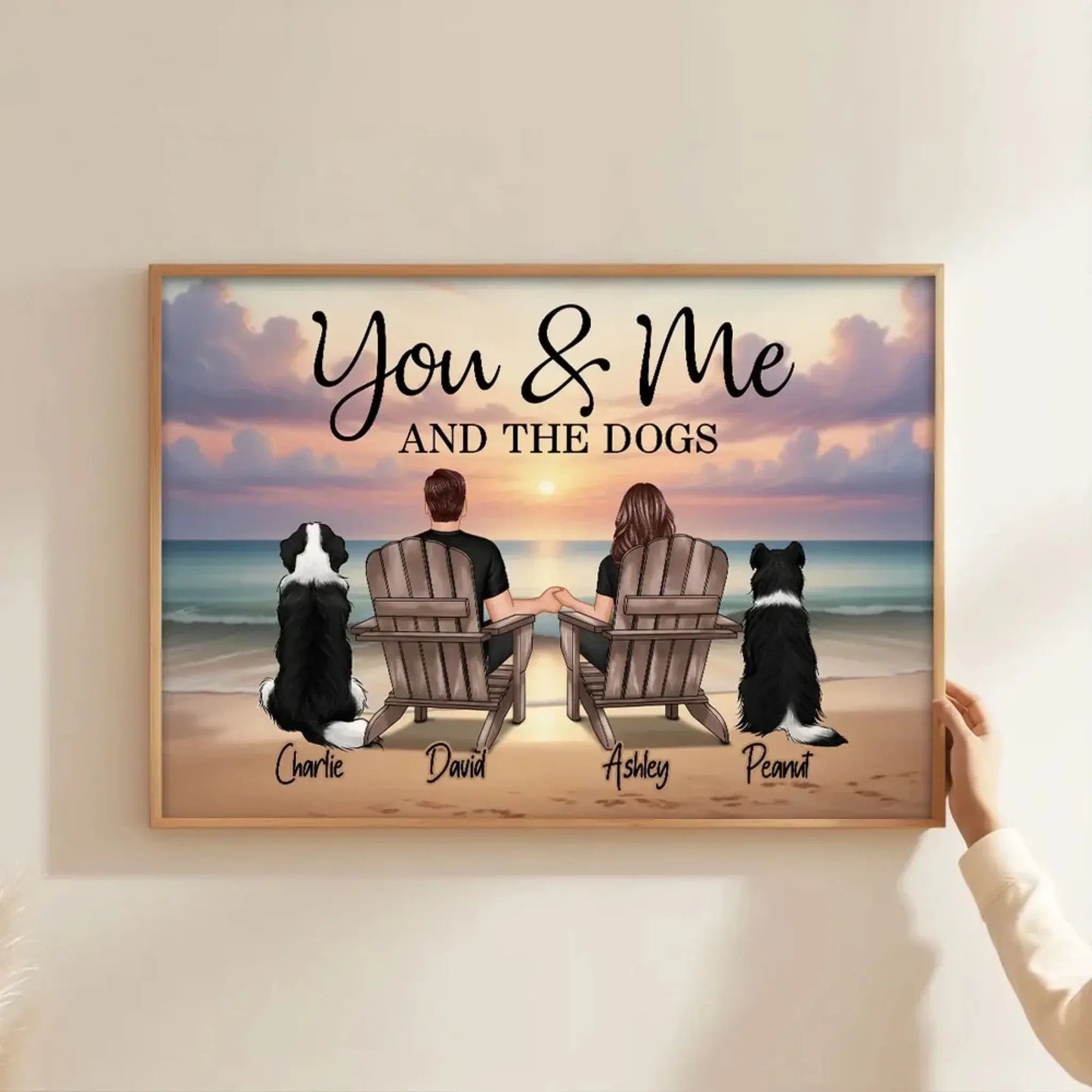 You, Me and The Dogs – Custom Beach Poster with Pets and Couple Names, Personalized Romantic Gift for Pet Lovers, Anniversary, or Home Decor Ezcustomize